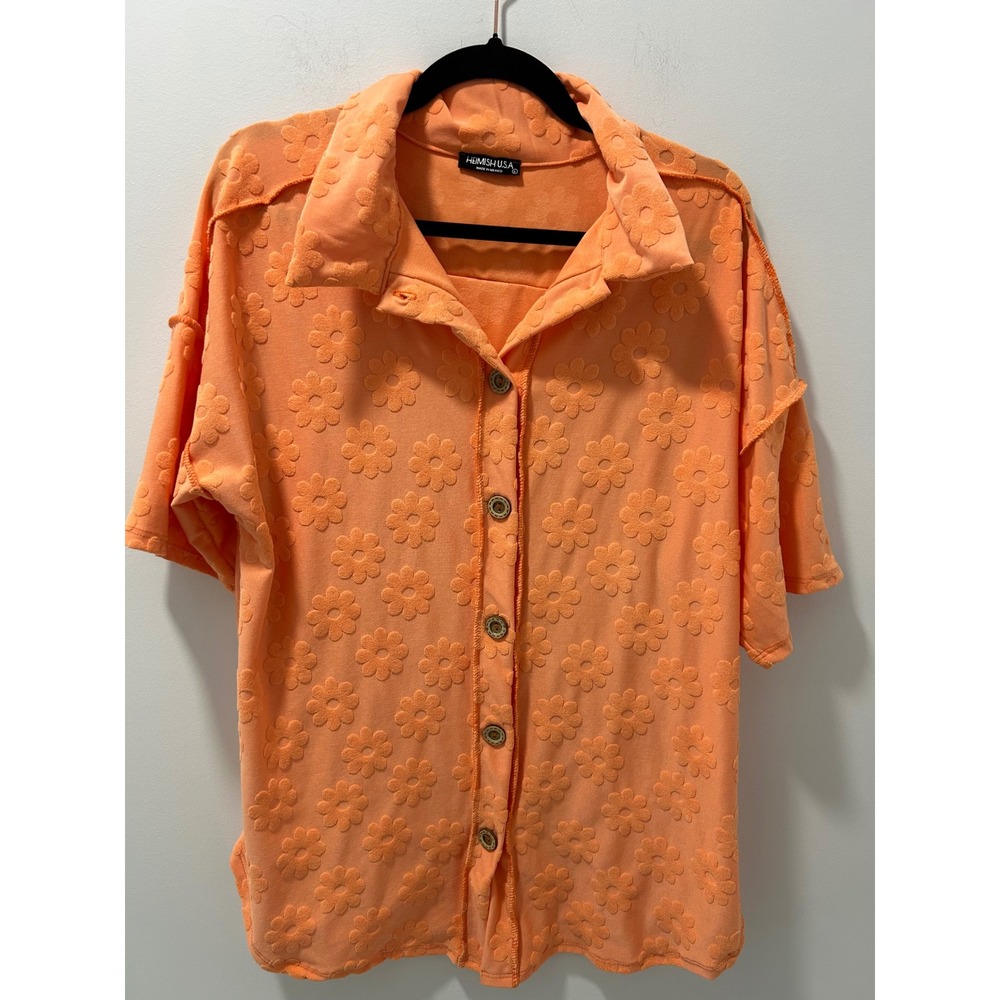 Heimish USA Orange Floral Textured Button Up Shirt Short Sleeve Boho Large